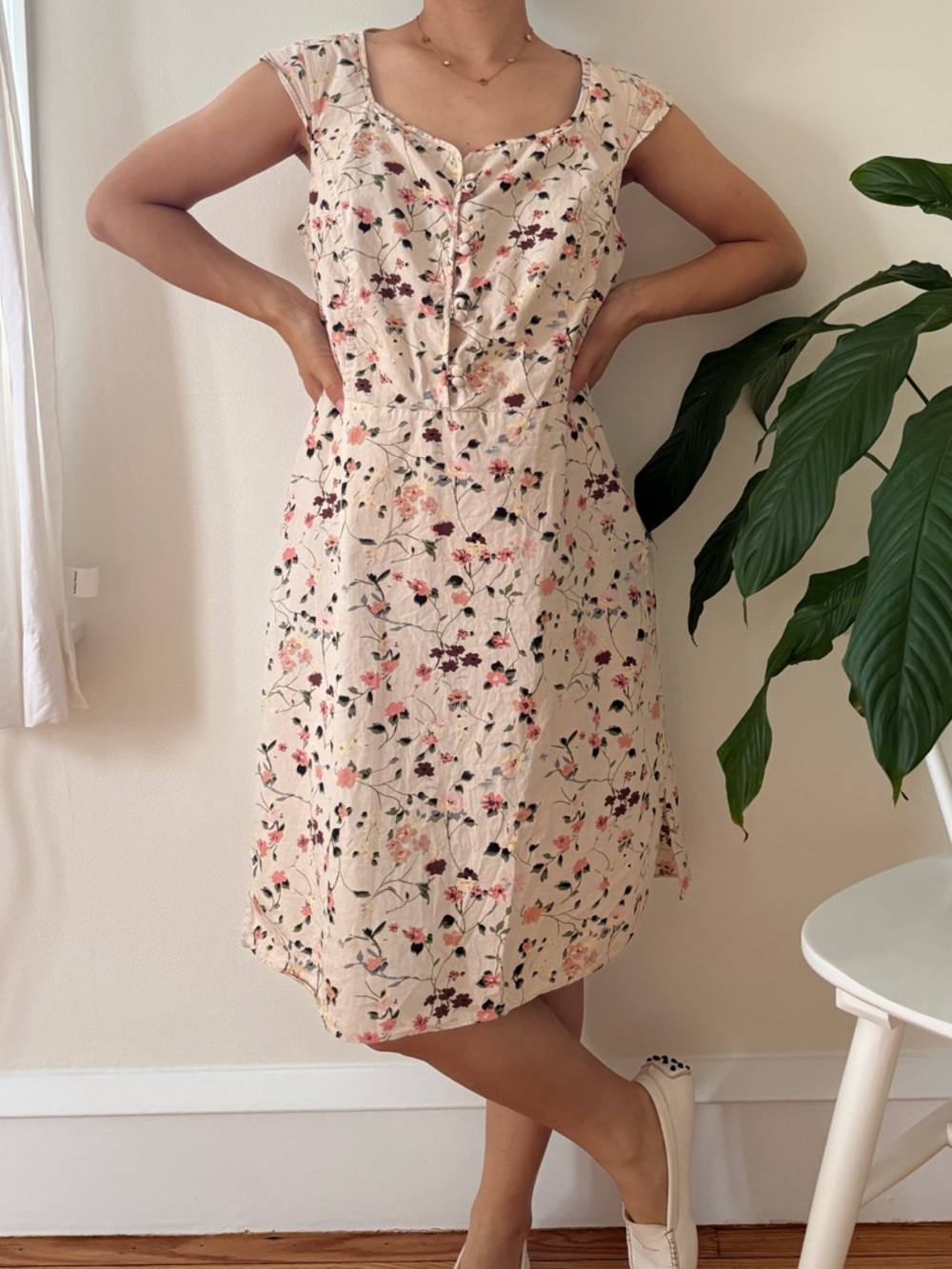 Vintage The Territory Ahead 100% Cotton Floral Cap Sleeve Cream Dress Size 10